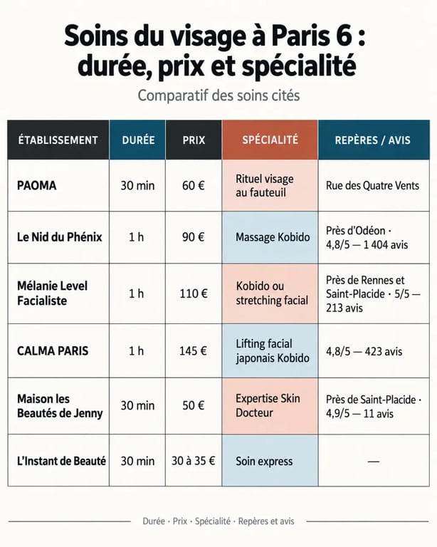Soin du visage Paris 6 : comparaison des établissements, durées, prix et spécialités