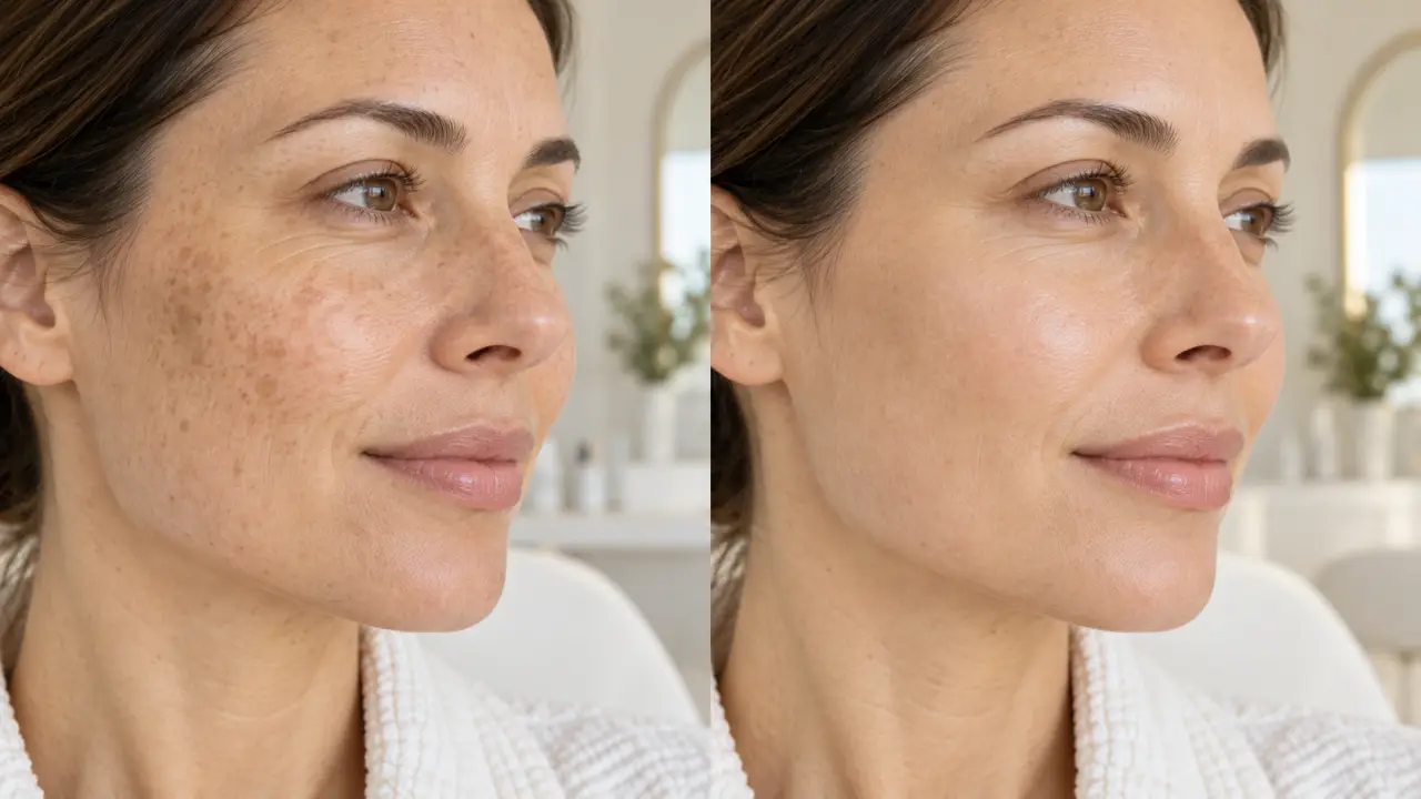 Peau du visage présentant une amélioration visible des taches brunes après un traitement laser