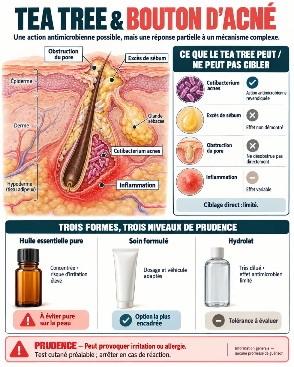 Infographie sur le tea tree et un bouton d’acné, mécanismes, formes d’utilisation et risques d’irritation