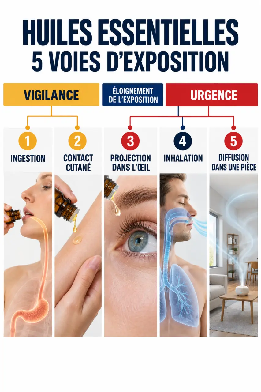 Dangers des huiles essentielles selon les voies d’exposition : ingestion, peau, yeux, inhalation et diffusion
