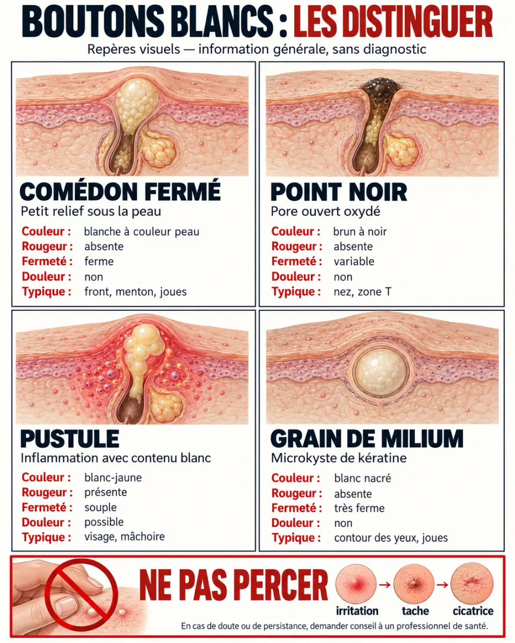 Infographie pour distinguer les boutons blancs visage : comédon fermé, point noir, pustule et grain de milium