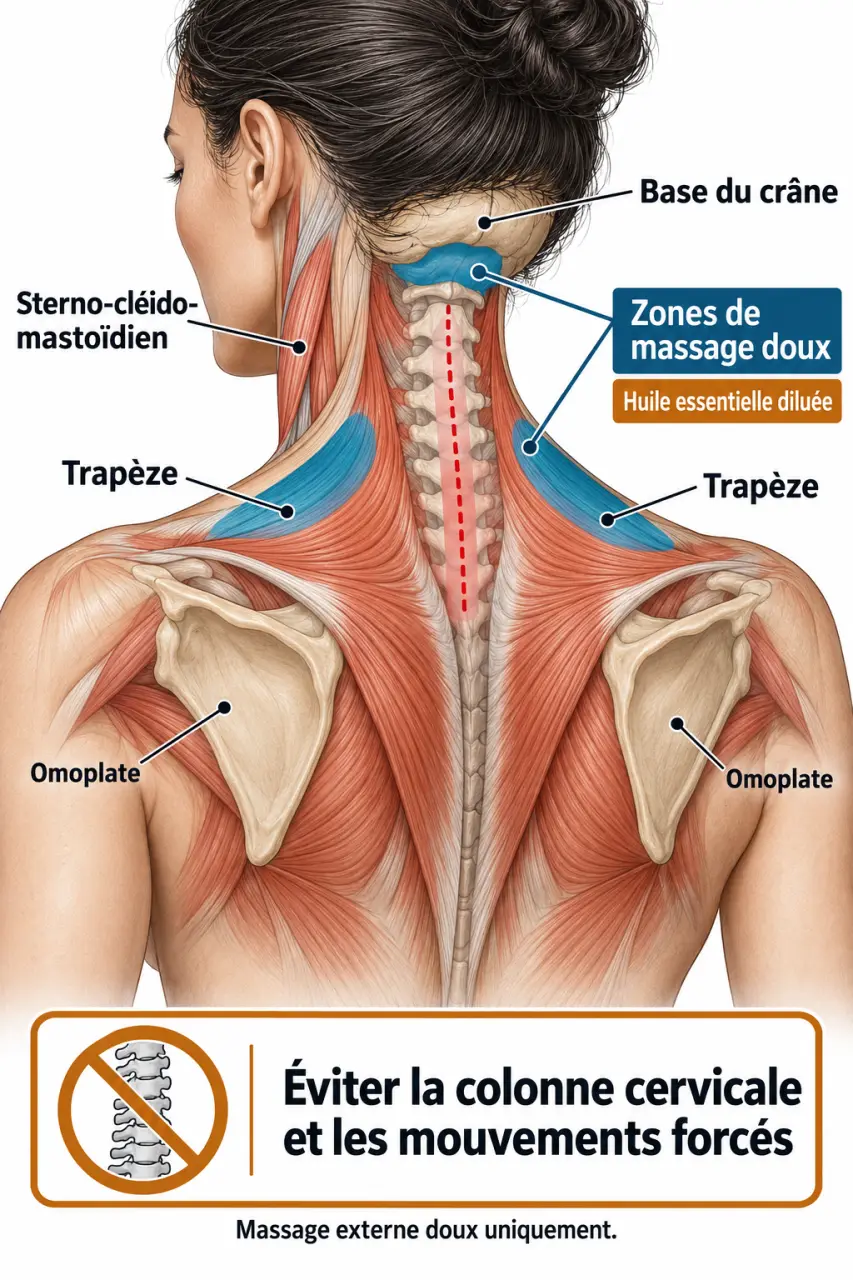 Schéma des zones de massage pour soulager un torticolis avec des huiles essentielles