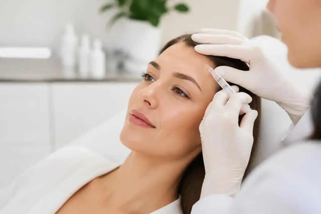 Patiente dans un cadre de dermatologie esthétique lumineux et raffiné