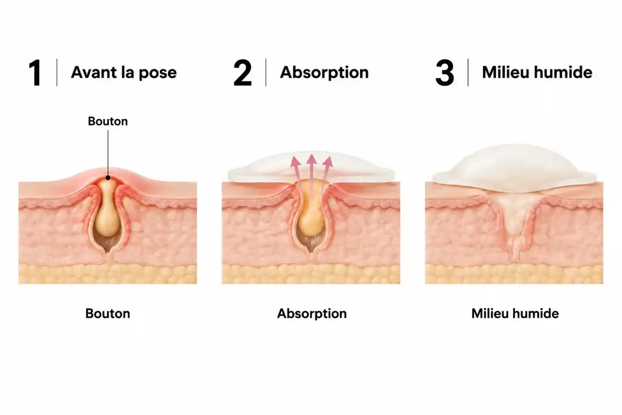 Schéma du fonctionnement d'un patch acné hydrocolloïde qui absorbe le contenu d'un bouton