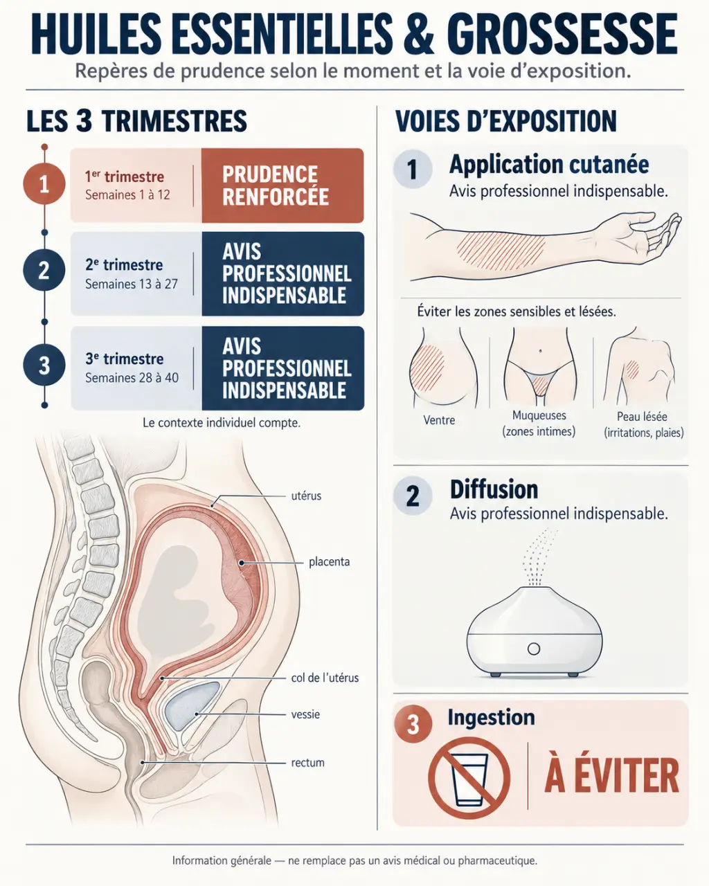 Infographie sur les huiles essentielles grossesse, les trimestres et les voies d’exposition à éviter