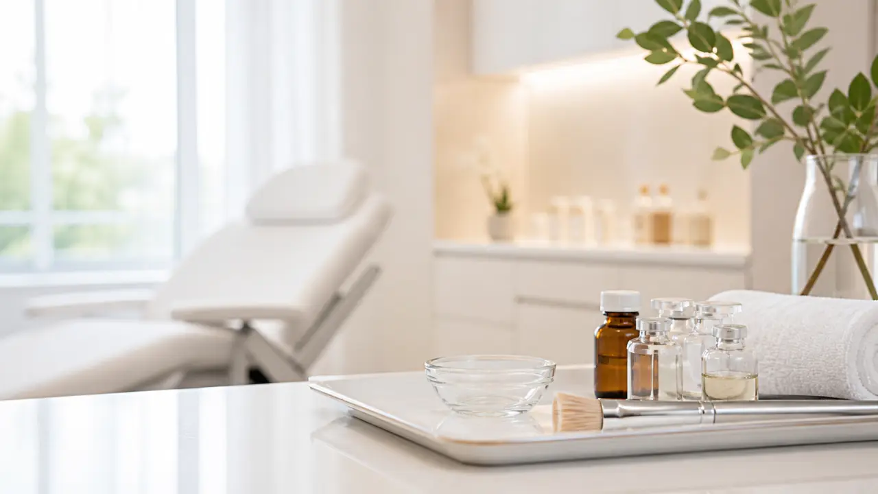 Peau lumineuse après un soin médical, ambiance clinique luxueuse