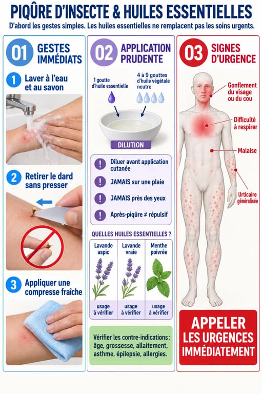 Huile essentielle piqûre insecte : gestes immédiats, application prudente et signes d'urgence