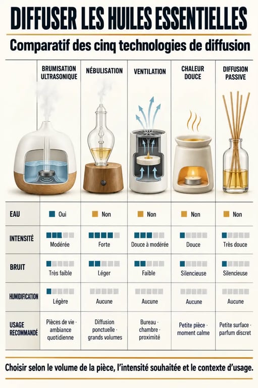 Infographie comparative des technologies de diffusion pour huiles essentielles brumisateur