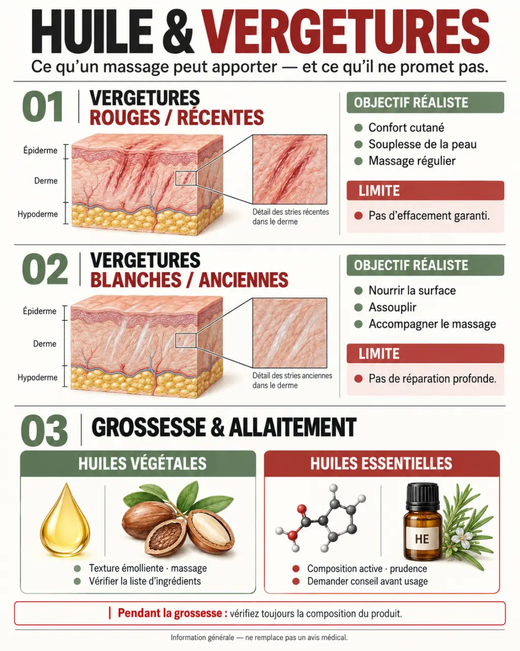 Infographie sur l’huile pour vergetures selon leur stade et la grossesse