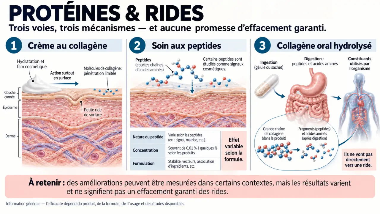 Infographie sur la proteine anti rides : crème au collagène, peptides et complément oral