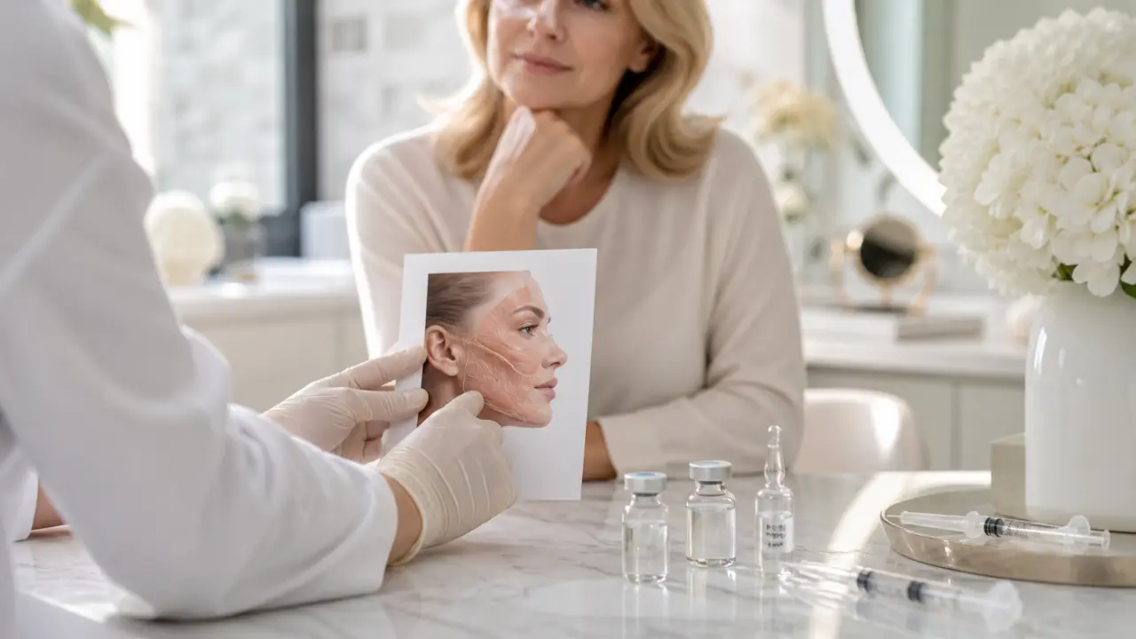 Femme au grain de peau parfait dans une ambiance clinique lumineuse et luxueuse