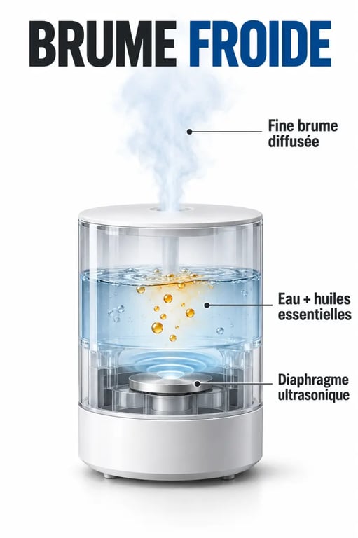 Schéma du fonctionnement d’un brumisateur d’huiles essentielles par ultrasons